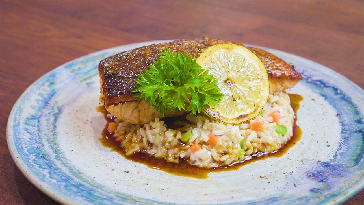Yuzu Glazed Salmon with Brown Rice Risotto Yuzu Glazed Salmon with Brown Rice Risotto