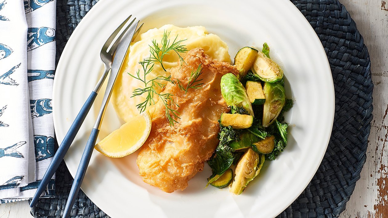 Battered Hoki Fillet, Mash & Sauté Veg – Recipe Battered Hoki Fillet, Mash & Sauté Veg – Recipe