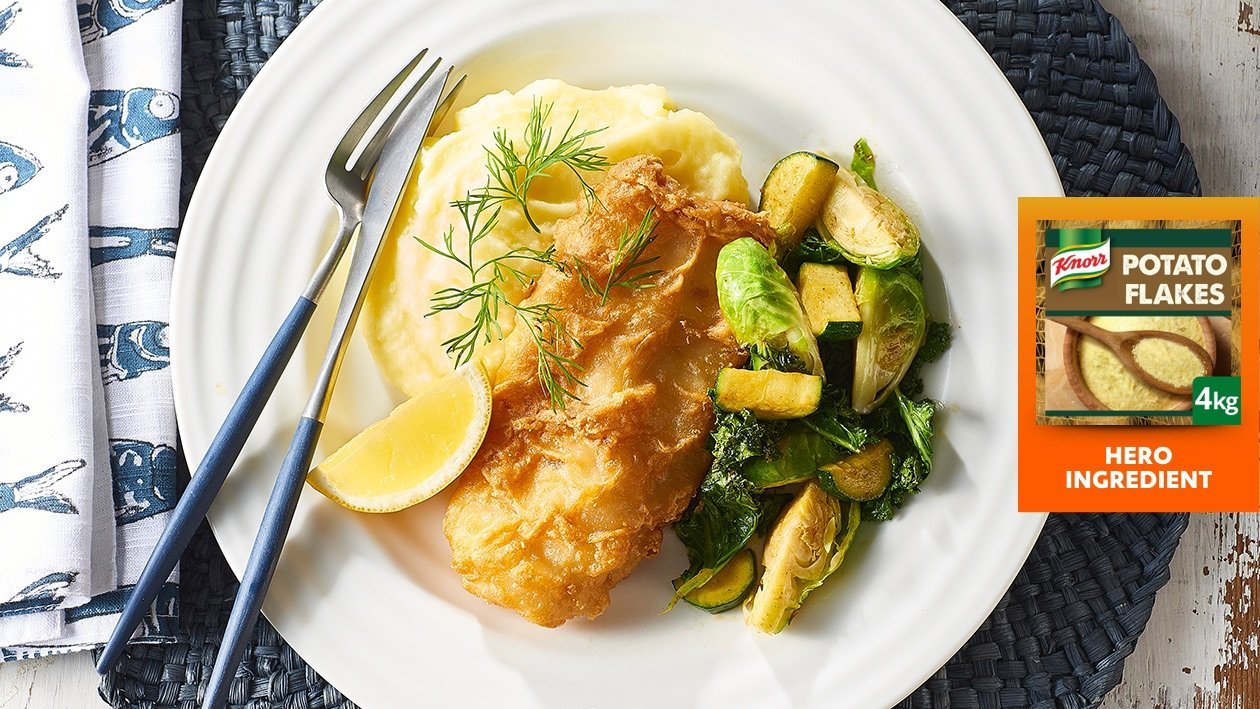 Battered Hoki Fillet, Mash & Sauté Veg – Recipe Battered Hoki Fillet, Mash & Sauté Veg – Recipe