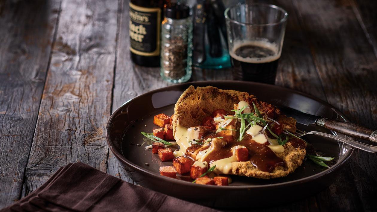 Beef Schnitzel, Sweet Potato and Cheese Poutine, Pepper Gravy and Green Onions – Recipe Beef Schnitzel, Sweet Potato and Cheese Poutine, Pepper Gravy and Green Onions – Recipe