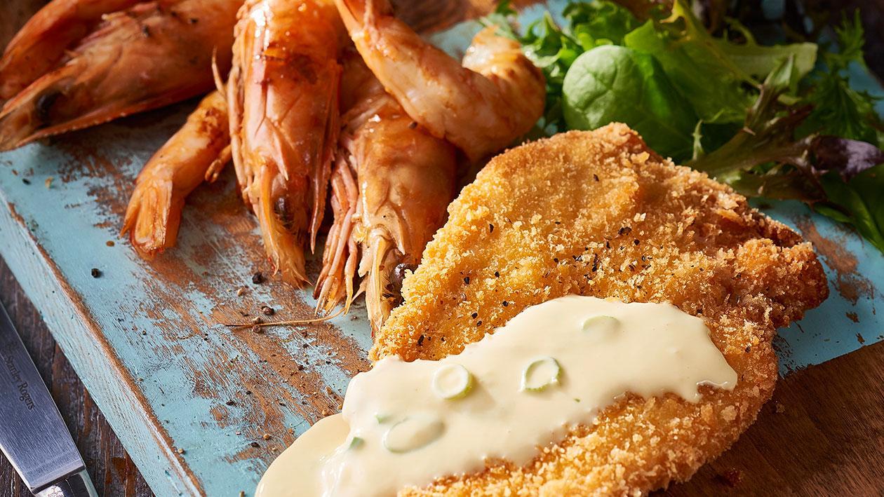 Chicken Schnitzel, Jumbo Prawns, Garlic Sauce – Recipe Chicken Schnitzel, Jumbo Prawns, Garlic Sauce – Recipe
