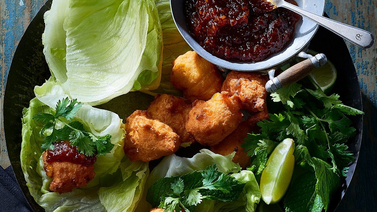 Corn Fritter Chilli Jam Choy Bow – Recipe Corn Fritter Chilli Jam Choy Bow – Recipe