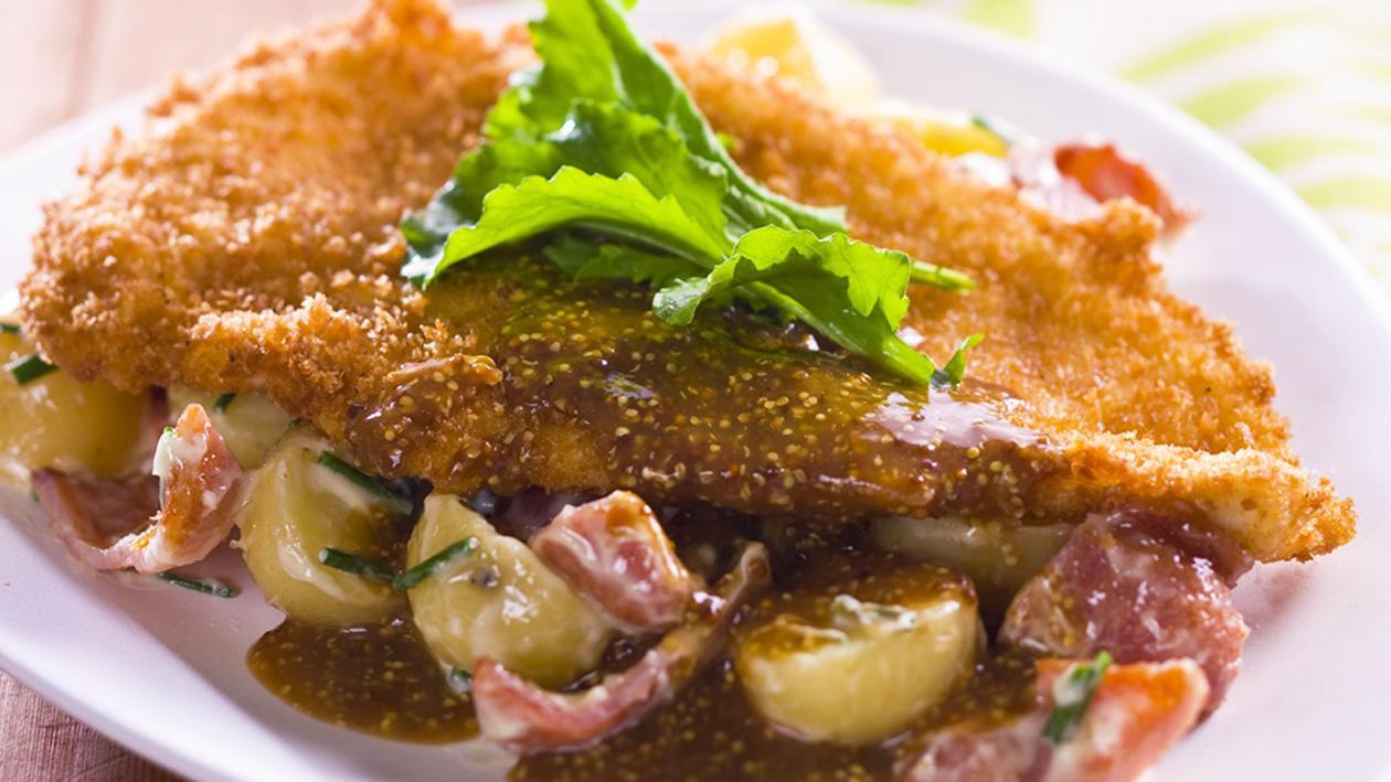 Crispy Chicken Schnitzel with Warm Potato, Bacon Salad and Seeded Mustard Sauce – Recipe Crispy Chicken Schnitzel with Warm Potato, Bacon Salad and Seeded Mustard Sauce – Recipe