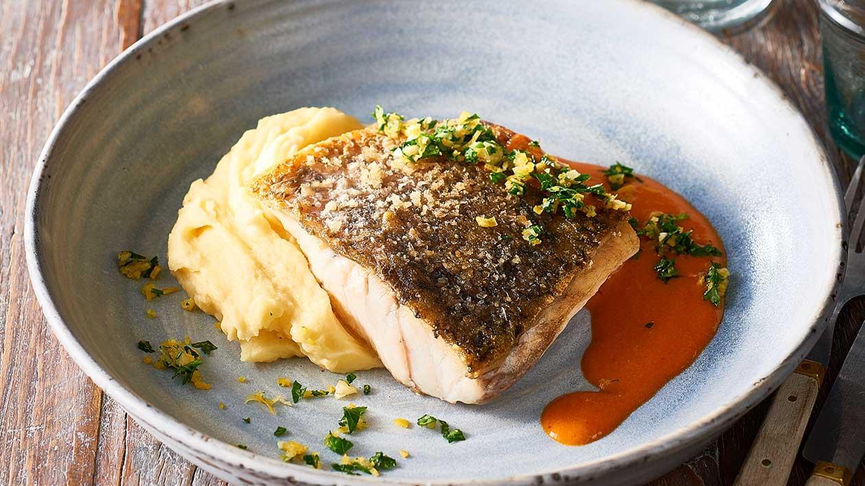 Crispy skin barramundi, creamy mash, red curry beurre blanc – Recipe Crispy skin barramundi, creamy mash, red curry beurre blanc – Recipe
