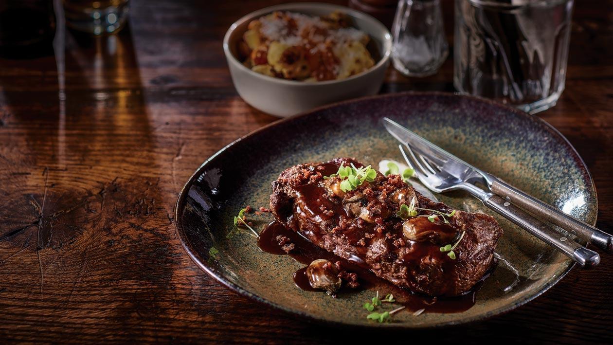 Grass Fed NY Steak, Kilpatrick Sauce, Grilled Oysters and Bacon Crumb – Recipe Grass Fed NY Steak, Kilpatrick Sauce, Grilled Oysters and Bacon Crumb – Recipe
