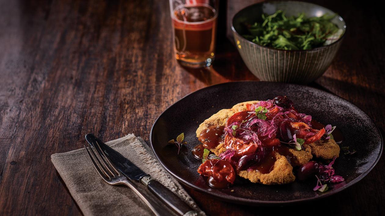 Lamb Leg Schnitzel, Char Grilled Tomato, Olives, Onion Jam Gravy – Recipe Lamb Leg Schnitzel, Char Grilled Tomato, Olives, Onion Jam Gravy – Recipe