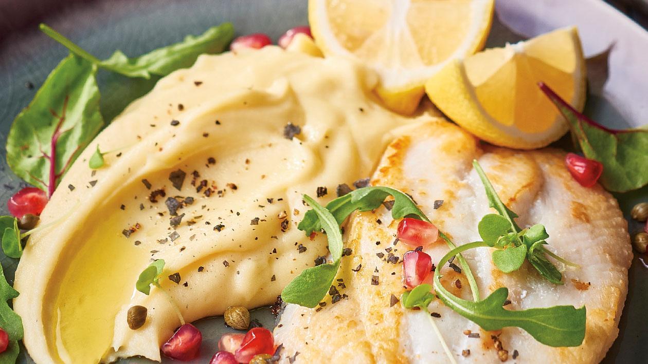 Pan Seared Fish with Potato Aioli, Pomegranate and Capers – Recipe Pan Seared Fish with Potato Aioli, Pomegranate and Capers – Recipe