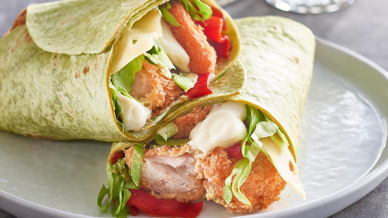 Popcorn Chicken, Spinach Wrap with Cheese, Roast Peppers, Pesto and Mayo – Recipe Popcorn Chicken, Spinach Wrap with Cheese, Roast Peppers, Pesto and Mayo – Recipe