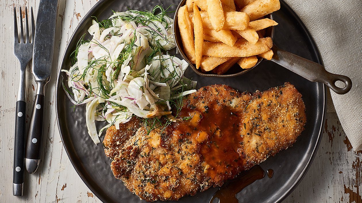 Pork Schnitzel, Coriander Crumb & Wasabi Jus – Recipe Pork Schnitzel, Coriander Crumb & Wasabi Jus – Recipe