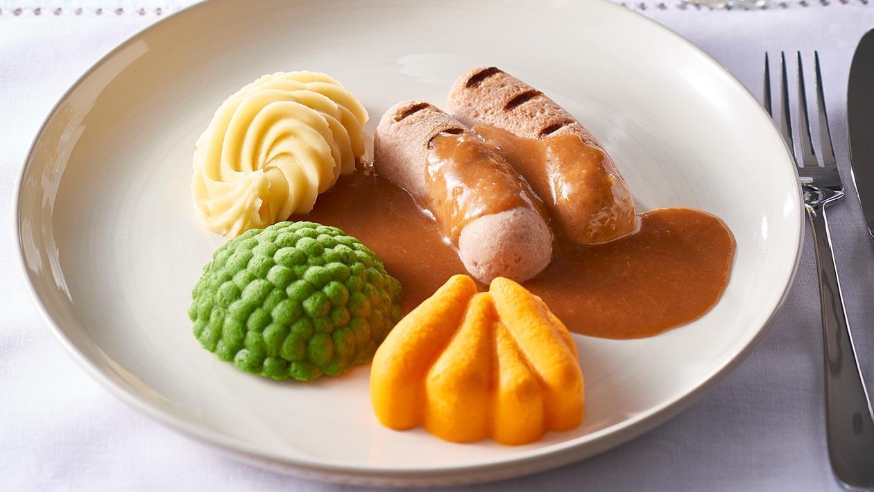 Puréed meal: Sausages, Mash & Gravy – Recipe Puréed meal: Sausages, Mash & Gravy – Recipe