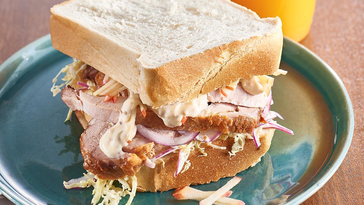 Roast Pork Door Stop with Apple Slaw and Mustard Mayo – Recipe Roast Pork Door Stop with Apple Slaw and Mustard Mayo – Recipe