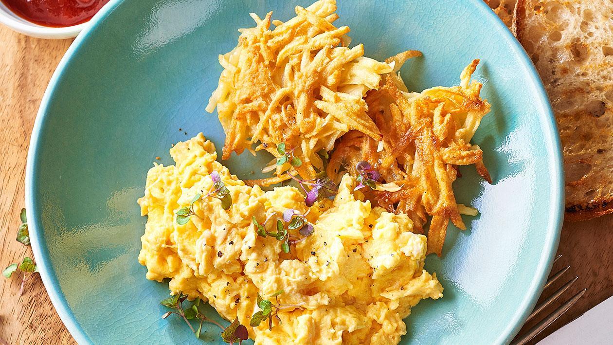 Rustic Hash Brown, Scrambled Eggs and Tomato Chilli Relish – Recipe Rustic Hash Brown, Scrambled Eggs and Tomato Chilli Relish – Recipe