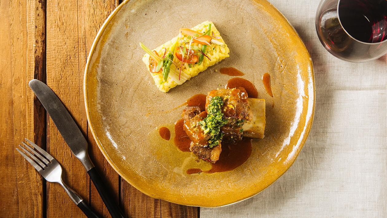 Braised Beef Shortribs with Gremolata served with Saffron Braised Beef Shortribs with Gremolata served with Saffron