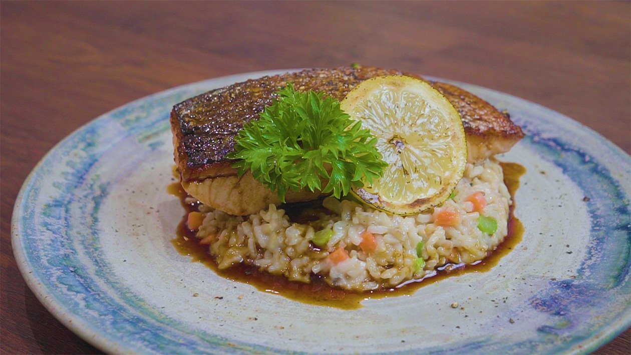 Yuzu Glazed Salmon with Brown Rice Risotto Yuzu Glazed Salmon with Brown Rice Risotto