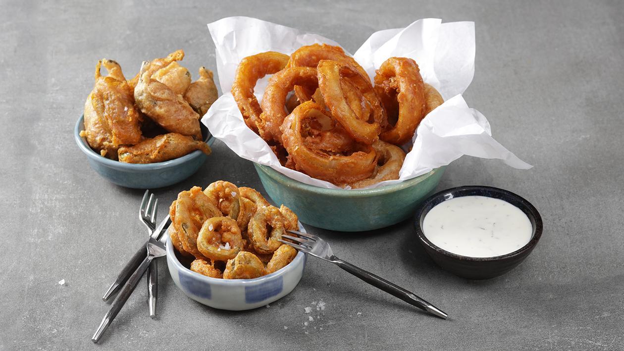 Batter Fried Onions & Jalapeño with Mint Dip Batter Fried Onions & Jalapeño with Mint Dip