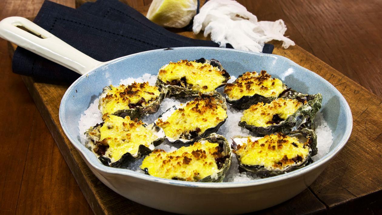 Baked Dijon Mustard Oysters with Smoked Cured Beef & Artichoke Recipe Baked Dijon Mustard Oysters with Smoked Cured Beef & Artichoke Recipe