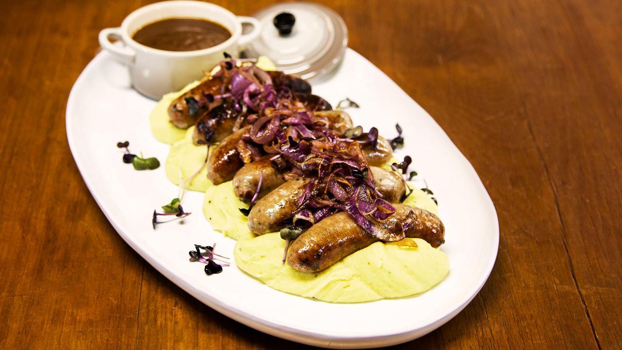 British Bangers, Hot English Mash and Crispy Onions Recipe British Bangers, Hot English Mash and Crispy Onions Recipe