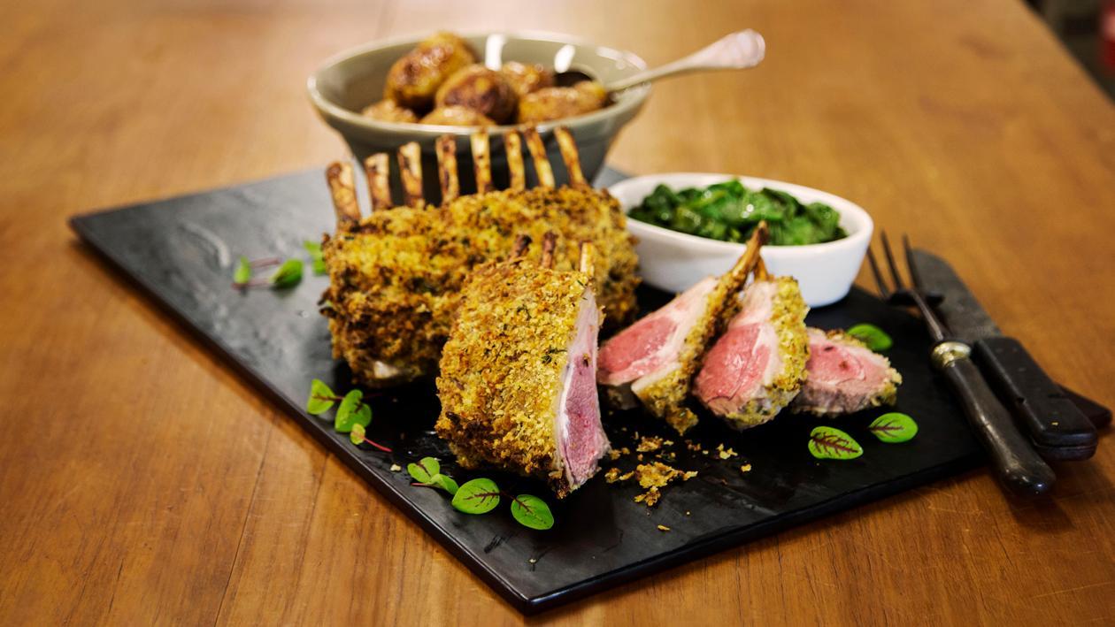 Dijon Crusted Lamb Rack with Roasted Potatoes and Spinach Dijon Crusted Lamb Rack with Roasted Potatoes and Spinach