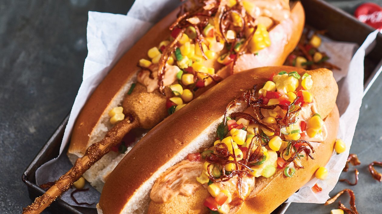 Hotdog Recipe: Chipotle Corn Dawgs, Salsa and Tobacco Onions Hotdog Recipe: Chipotle Corn Dawgs, Salsa and Tobacco Onions