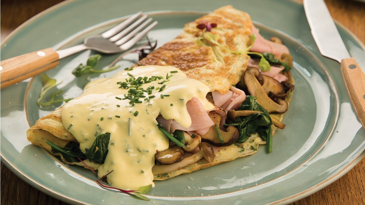 Mushroom and Spinach Omelet with Shaved Ham and Chive Hollandaise