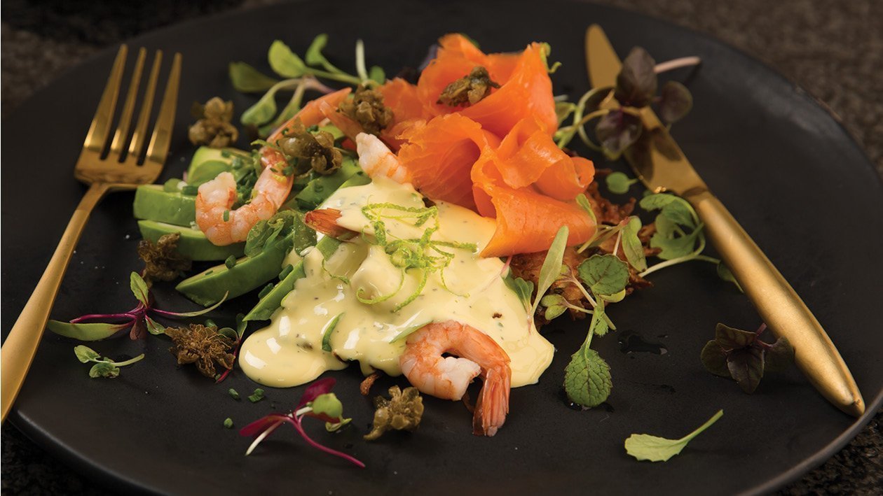 Potato Cakes with Smoked Salmon, Prawn and Avo Drizzled with Maltaise Sauce Potato Cakes with Smoked Salmon, Prawn and Avo Drizzled with Maltaise Sauce