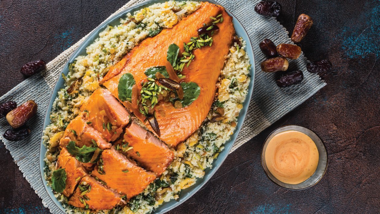 Ramadan Special: Harissa & Honey Glazed Salmon with Jewelled Cauliflower Couscous Recipe Ramadan Special: Harissa & Honey Glazed Salmon with Jewelled Cauliflower Couscous Recipe