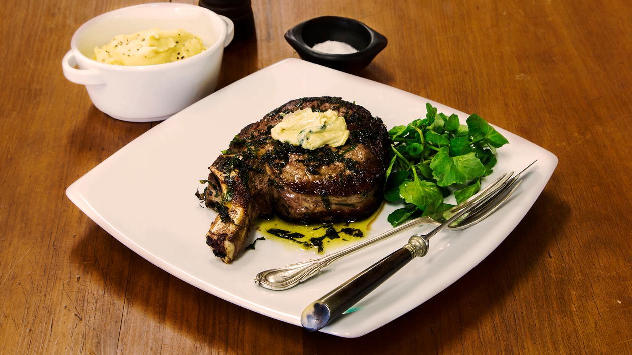 Rib-eye Steak, Mustard butter with Watercress & Garlic Mas Rib-eye Steak, Mustard butter with Watercress & Garlic Mas