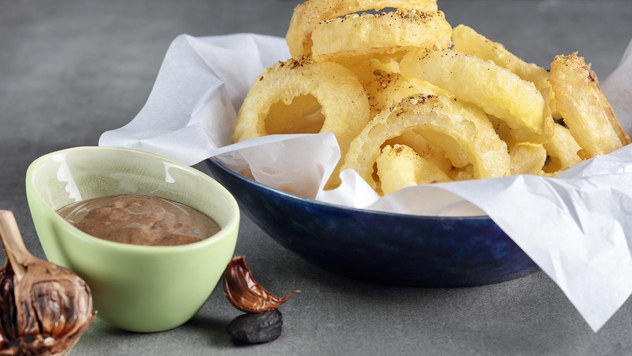 Tempura Onion Rings with Spiced Black Garlic Aioli Recipe Tempura Onion Rings with Spiced Black Garlic Aioli Recipe