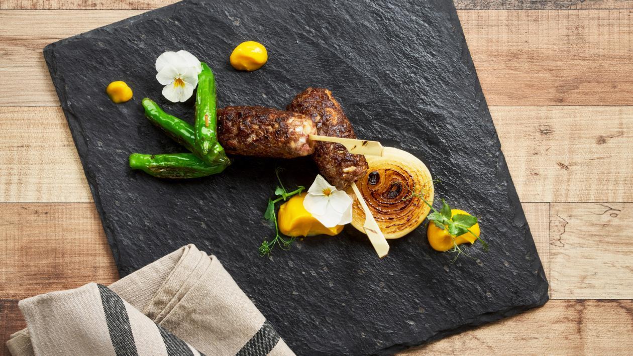Beef Tsukune, with Salted Yolk Pumpkin Sauce, Grilled Onion, Shishito Beef Tsukune, with Salted Yolk Pumpkin Sauce, Grilled Onion, Shishito