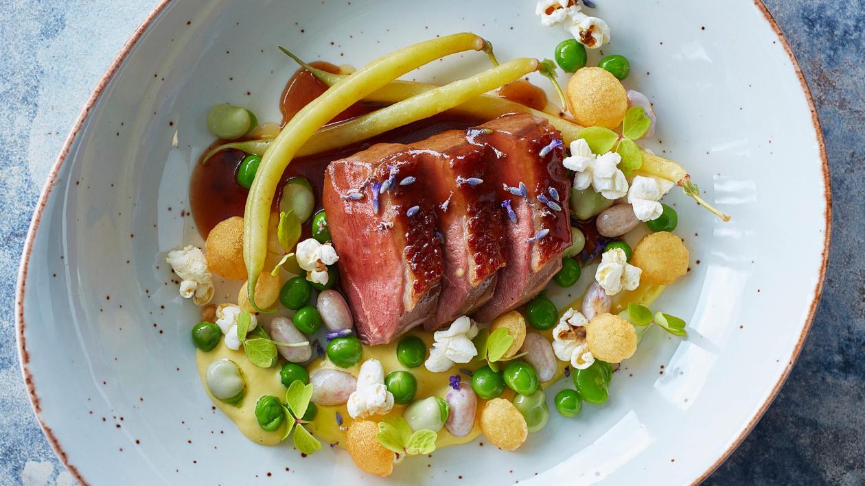 Glazed Duck with Honey, Lavender and Corn Cream Glazed Duck with Honey, Lavender and Corn Cream