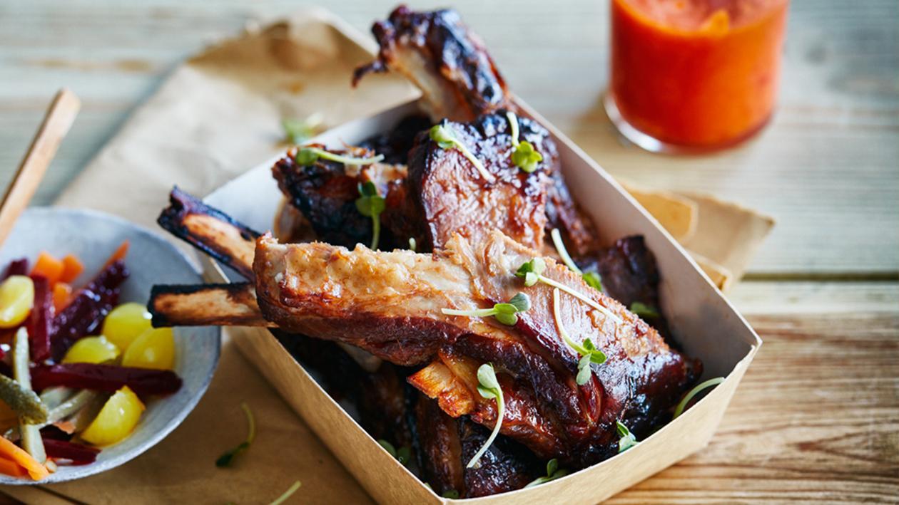 Lamb Spareribs with Pimento Mustard Dressing, Lime Pickled Vegetables Lamb Spareribs with Pimento Mustard Dressing, Lime Pickled Vegetables