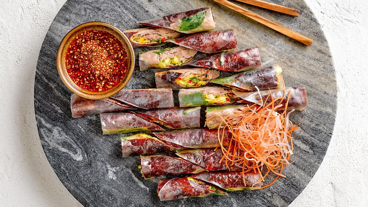 Roasted Duck Rice Paper Roll with Tamarind Honey Dressing Roasted Duck Rice Paper Roll with Tamarind Honey Dressing