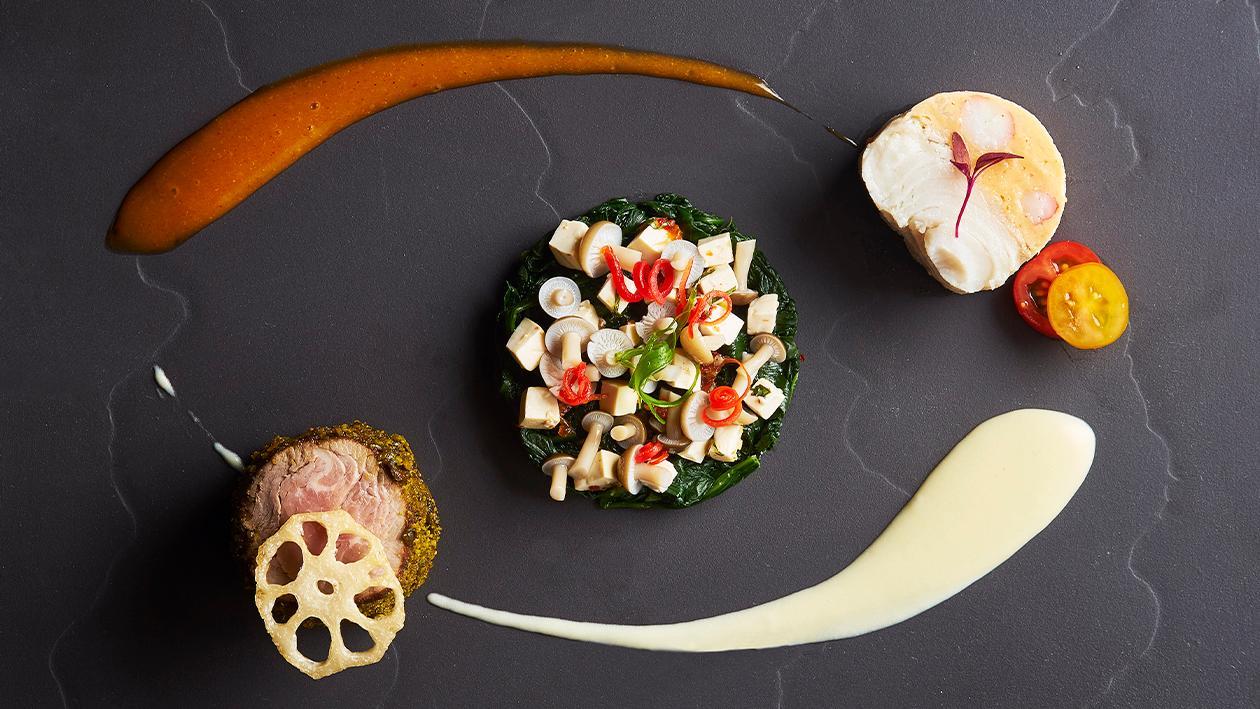 Slow-Cooked Halibut and Lobster Mousse and Thai-Style Roasted Australian Fillet Mignon with Tom Yam Emulsion Slow-Cooked Halibut and Lobster Mousse and Thai-Style Roasted Australian Fillet Mignon with Tom Yam Emulsion