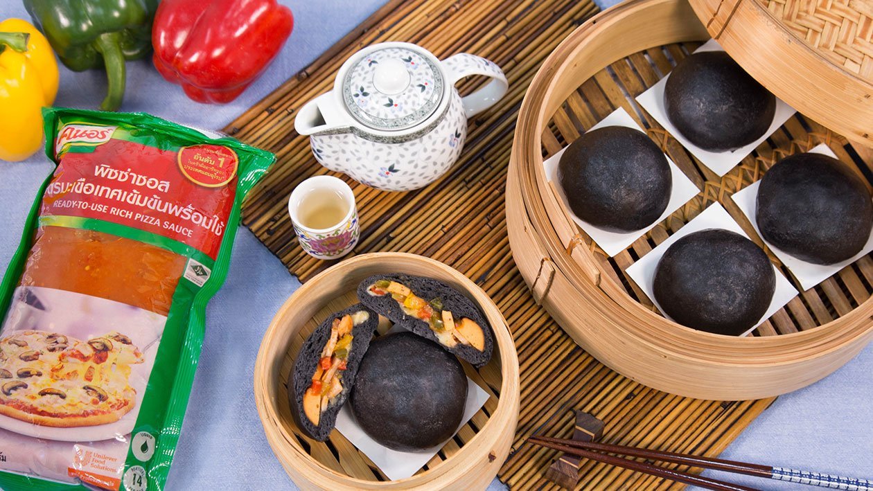 Charcoal Steamed Bun with Pizza Stuffing Charcoal Steamed Bun with Pizza Stuffing