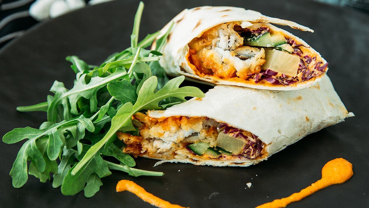 Fish stick tortilla with Korean sauce Fish stick tortilla with Korean sauce