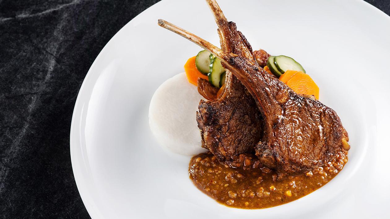 Spiced lamb rack with peanut sauce Spiced lamb rack with peanut sauce