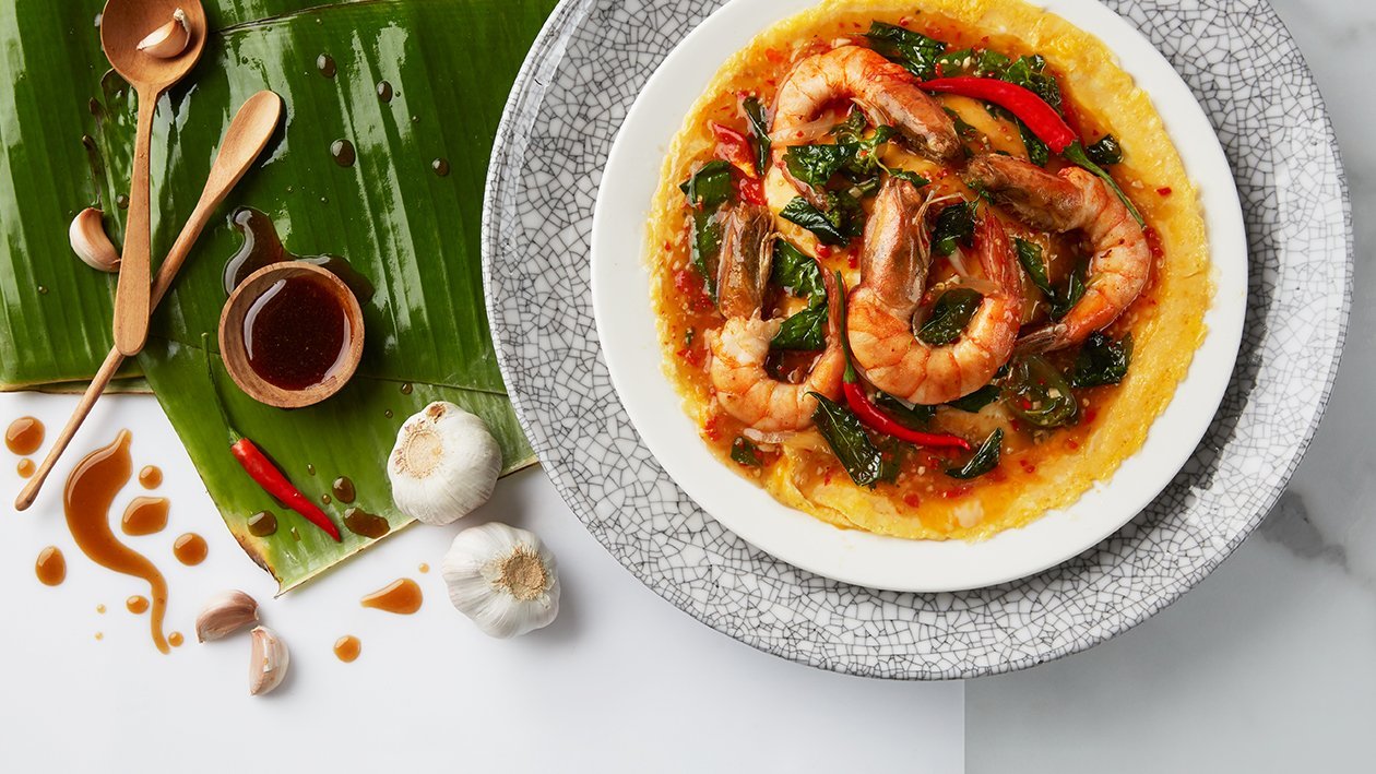 Thai Basil Shrimp with Deep-Fried Basil and Creamy Omelette Thai Basil Shrimp with Deep-Fried Basil and Creamy Omelette