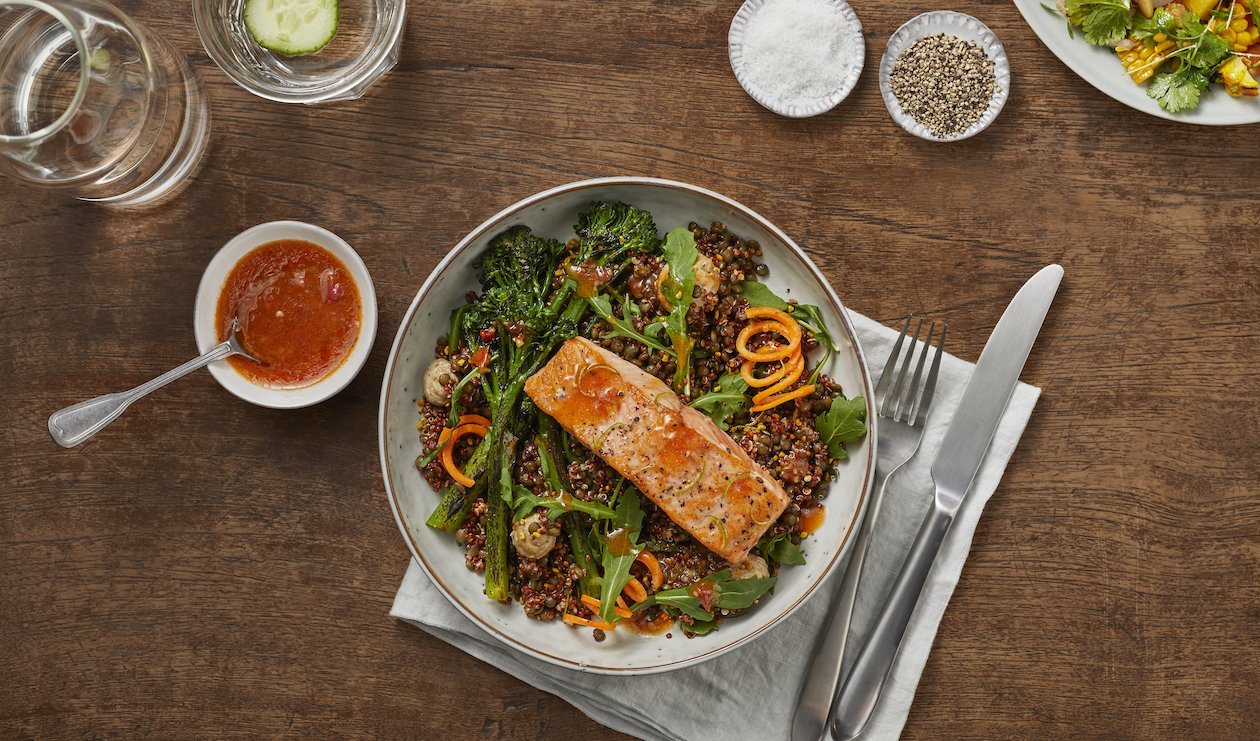 Charred Tomato and Garlic Roasted Salmon, Broccolini and Quinoa Bowl with Eggplant Aioli – recipe Charred Tomato and Garlic Roasted Salmon, Broccolini and Quinoa Bowl with Eggplant Aioli – recipe