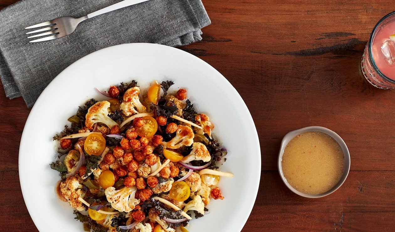 Jerk Cauliflower with Crispy Chick Peas and Spicy Lemon Za'atar Dressing – recipe Jerk Cauliflower with Crispy Chick Peas and Spicy Lemon Za'atar Dressing – recipe