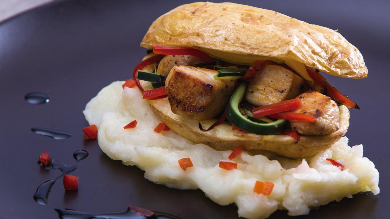 Pollo Oriental con Puré de Papa y Canasta de Verduras Salteadas Pollo Oriental con Puré de Papa y Canasta de Verduras Salteadas