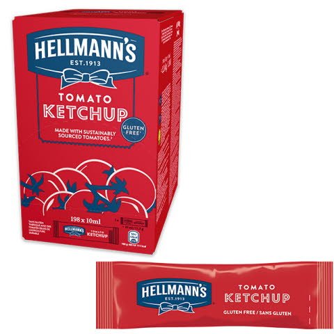 Ketchup Hellmann's monoporciones 10ml. Caja de 198 uds. Sin Gluten -