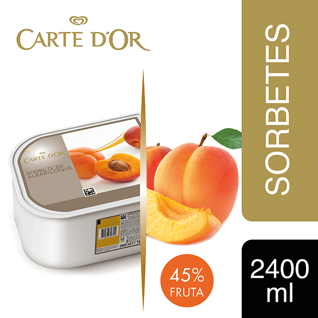 Sorbete de Albaricoque del Mediterráneo Carte d'Or 2,4L - Incluir un buen helado transforma el postre en una experiencia inolvidable. La gama Carte d’Or está diseñada para aportar versatilidad, conveniencia y estructura a tus postres, controlando tu rentabilidad.