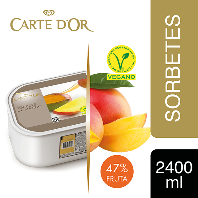 Sorbete de Mango de la India Carte d'Or 2,4L Vegano - Incluir un buen helado transforma el postre en una experiencia inolvidable. La gama Carte d’Or está diseñada para aportar versatilidad, conveniencia y estructura a tus postres, controlando tu rentabilidad