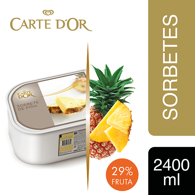 Sorbete de Piña Tropical Carte d'Or 2,4L - Incluir un buen helado transforma el postre en una experiencia inolvidable. La gama Carte d’Or está diseñada para aportar versatilidad, conveniencia y estructura a tus postres, controlando tu rentabilidad.