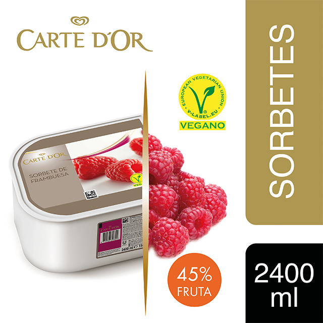 Sorbete Frambuesa Carte d'Or 2,4L Vegano - Incluir un buen helado transforma el postre en una experiencia inolvidable. La gama Carte d’Or está diseñada para aportar versatilidad, conveniencia y estructura a tus postres,controlando tu rentabilidad