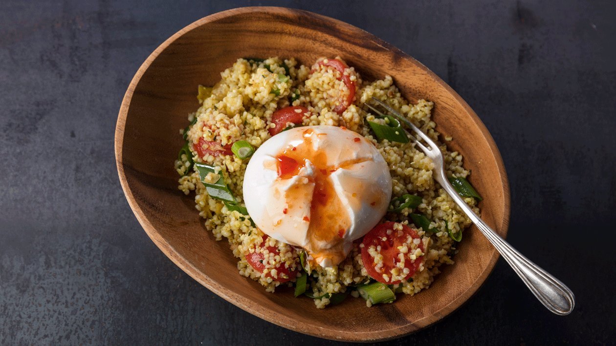 Bulgur de pistacho, frutas y burrata sweet chili Bulgur de pistacho, frutas y burrata sweet chili