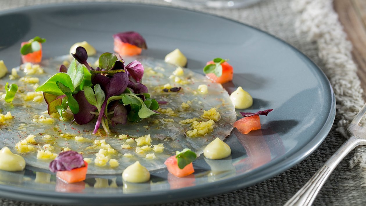 Carpaccio de langostino con mayonesa de wasabi sin gluten Carpaccio de langostino con mayonesa de wasabi sin gluten