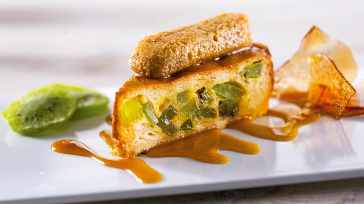 Cheesecake de kiwi con cristal de toffe Cheesecake de kiwi con cristal de toffe