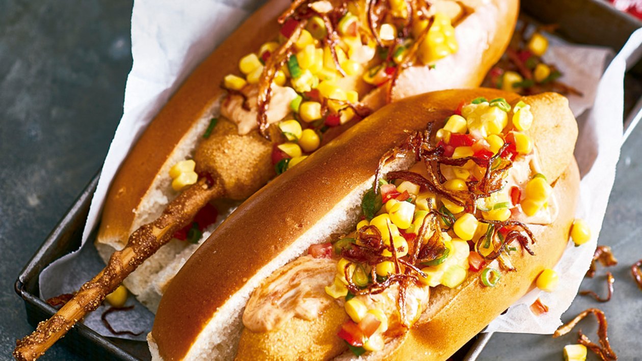Chipotle corn dawgs, salsa & tobacco onions Chipotle corn dawgs, salsa & tobacco onions