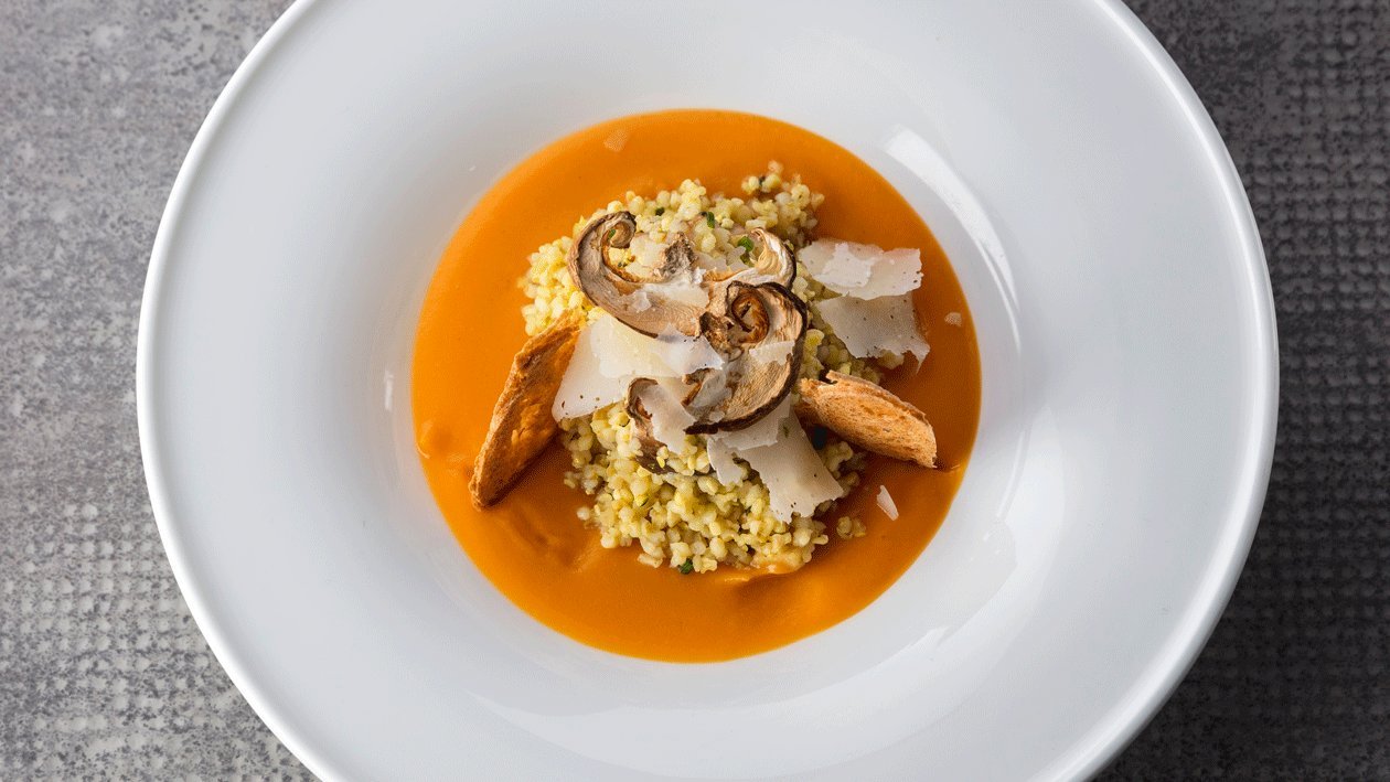 Crema especiada de boniato, bulgur y hongos Crema especiada de boniato, bulgur y hongos